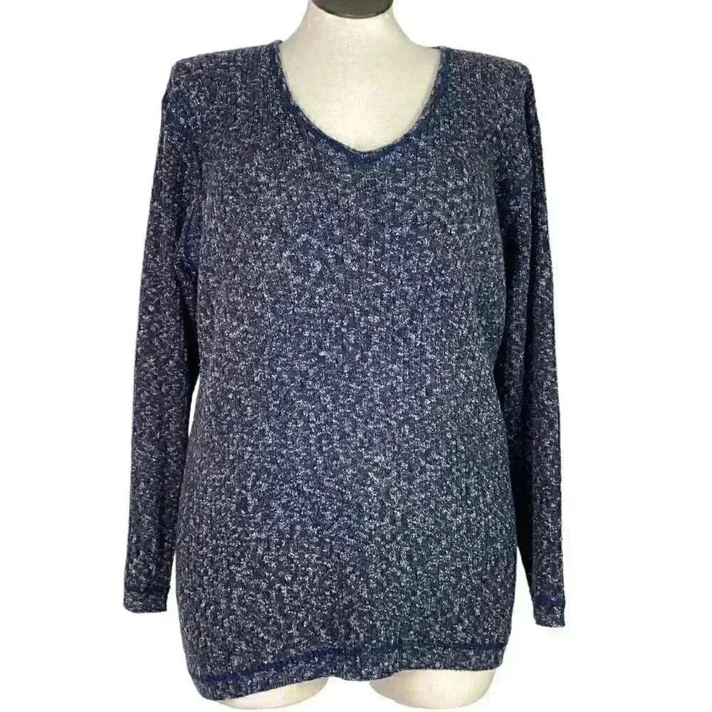 Adrienne Vittadini Women XL Variegated Rib V Neck Sweater Blue Multi Stretch